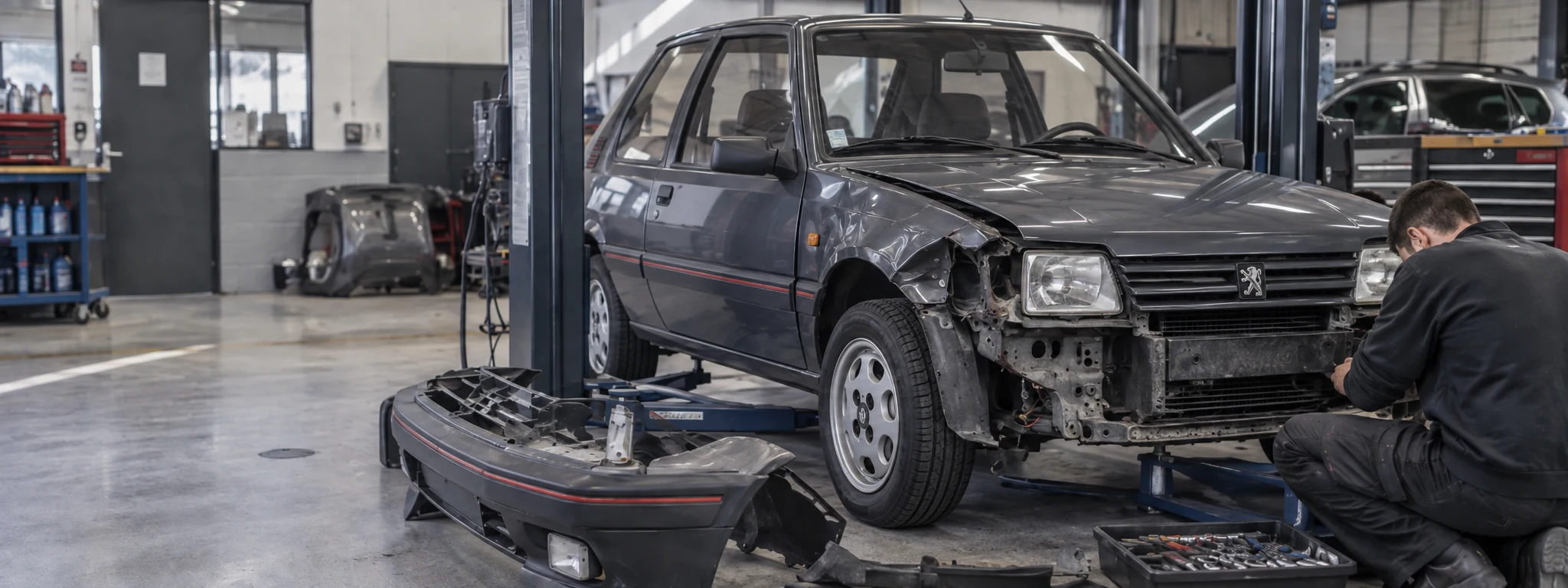 Véhicule accidenté en cours de remise en état dans le cadre d’un Sauvetage VEI