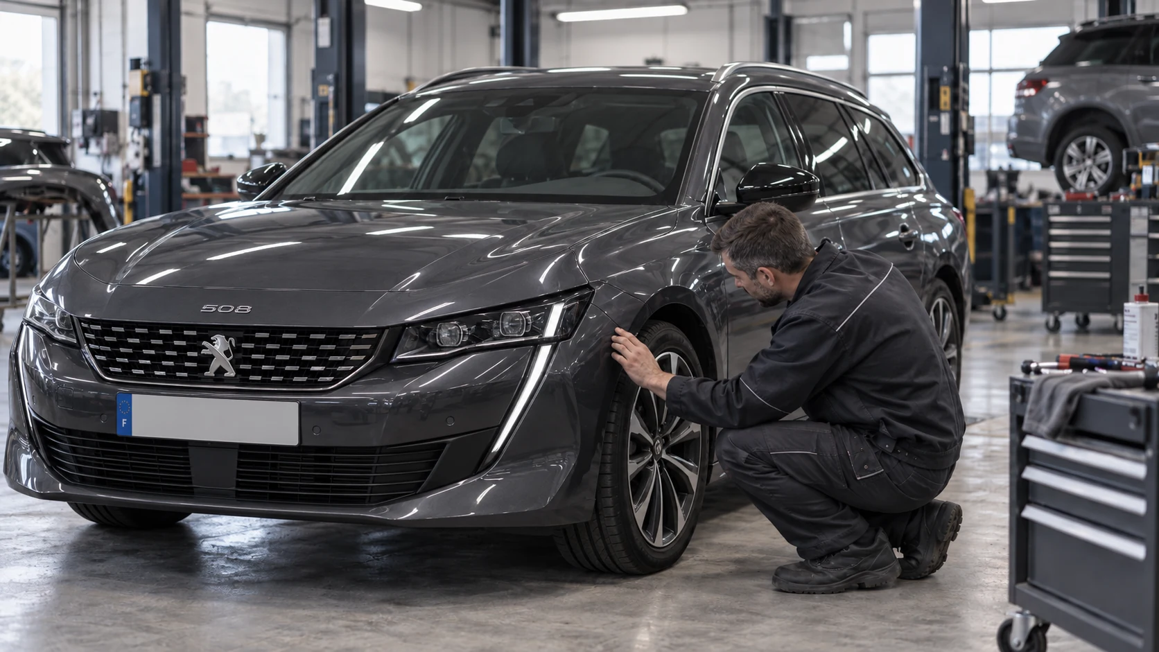 Technicien contrôlant la qualité de remise en état d’un véhicule